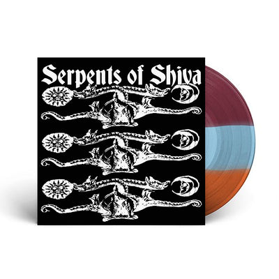 Image of a black vinyl sleeve with a tri color orange, blue, and maroon vinyl sticking halfway out of it. Across the top of the sleeve in white text reads "serpents of shiva". Below that are 3 of the same graphics stretching across the length of the sleeve- a sun on the left side, a moon on the right, with two serpents with their necks tangled, looking in opposite directions.