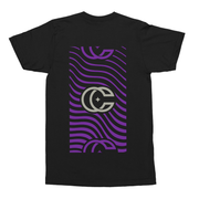  image of the back of a black tee against white background. the back of the shirt has a vertical rectangle- the inside of it has purple wavy lines. the center of the rectangle has a concrete castles logo of a CC that overlaps slightly and has a star in the center. The top and bottom of the rectangle has the cc logo again, but slightly cut off and in purple.