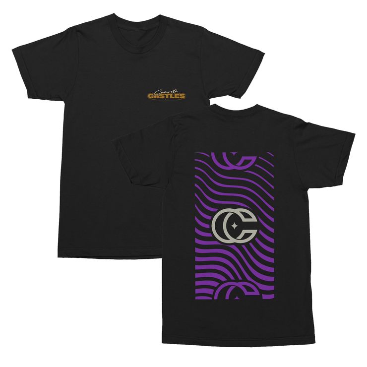 front and back of black tshirt against white background. the left chest says concrete castles. the word concrete is in white cursive, and the word castles is in regular bold dark gold text. the back of the shirt is a vertical rectangle- the inside of it has purple wavy lines. the center of the rectangle has a concrete castles logo of a CC that overlaps slightly and has a star in the center. The top and bottom of the rectangle has the cc logo again, but slightly cut off and in purple.