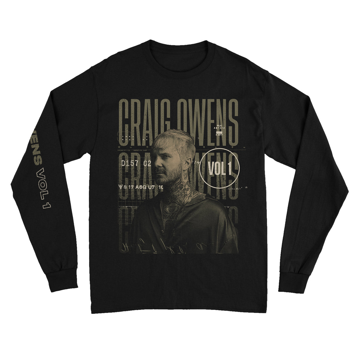 This Craig Owens long-sleeve tee features a sepia image of tattooed Craig, “CRAIG OWENS VOL 1” text above and around him, and “OWENS VOL 1” printed down the sleeve.