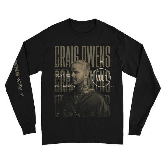 This Craig Owens long-sleeve tee features a sepia image of tattooed Craig, “CRAIG OWENS VOL 1” text above and around him, and “OWENS VOL 1” printed down the sleeve.
