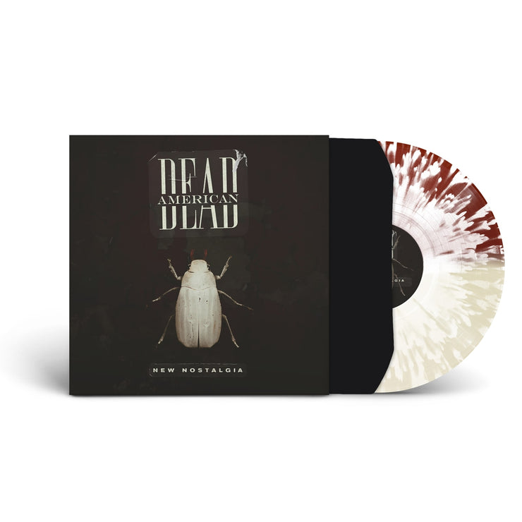 Black vinyl sleeve with a half chestnut brown half linen white with white splatter vinyl sticking halfway out of the sleeve. The vinyl sleeve says Dead american on the top center of the sleeve. Below is a white insect that looks like a beetle. below that in small white text reads "new nostalgia". 