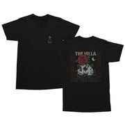 image of both front and back of shirt to show off prints. Front print is in the left chest and shows a triangle like design. Back print shows a half skull with a rose growing out of one eye. "The Villa" and "Savior Self" text is around the skull image in a square. 