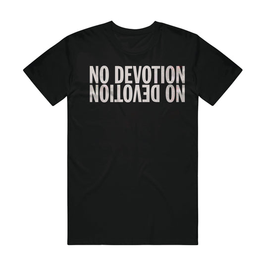 A black Bella Canvas T-shirt by No Devotion featuring “NO DEVOTION” in bold white uppercase letters—displayed once upright and once upside down beneath it.
