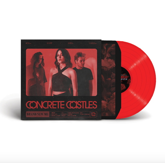 A Limited Edition Opaque Red Vinyl LP of Concrete Castles Brand New Me, partially out of its sleeve. The cover features the band’s three members in black and red, with bold album and band name text.