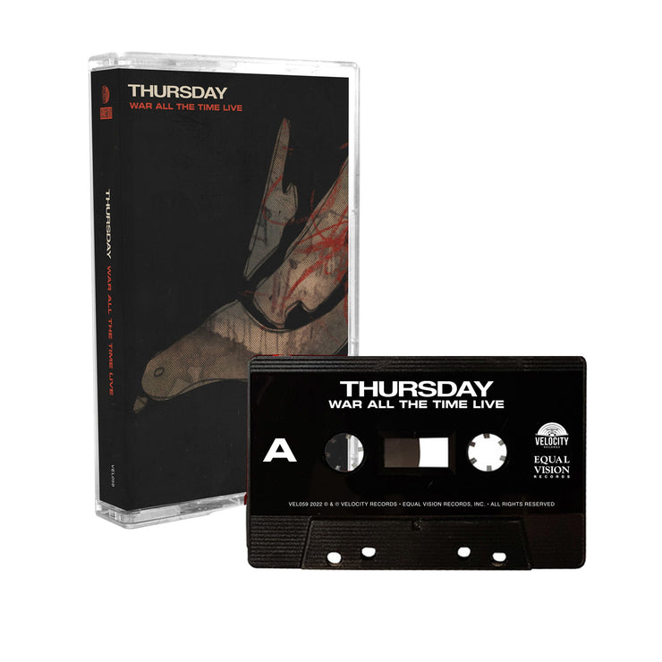 Black cassette with THURSDAY written in the top left corner in white. Below that there is smaller text that says WAR ALL THE TIME LIVE in red font. The artwork is a drawing of a bird flying downwards. There is a black cassette tape to the right of the case with text that says THURSDAY WAR ALL THE TIME LIVE.