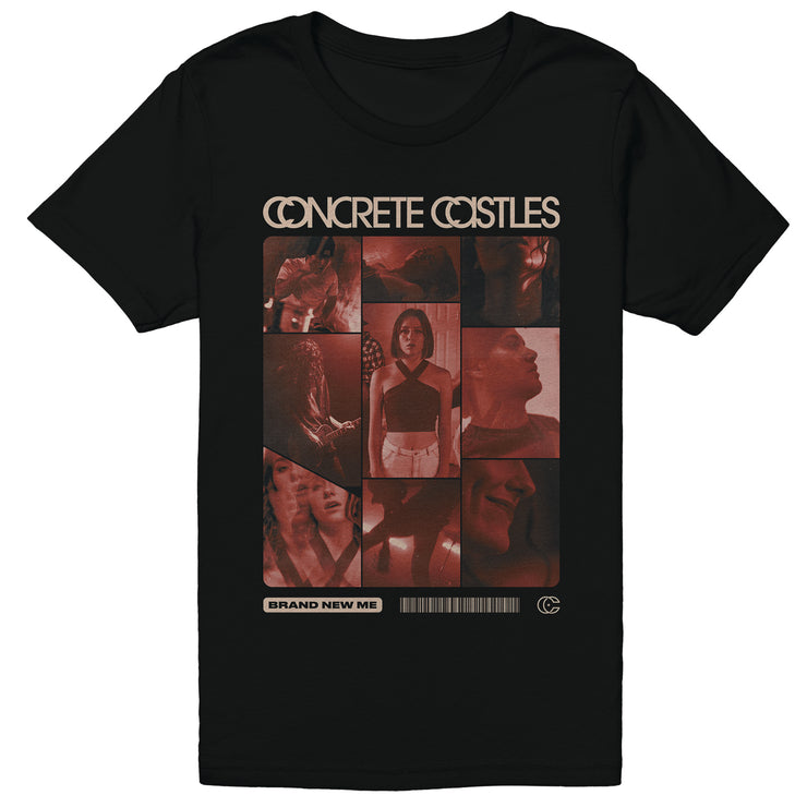 Concrete Castles Collage black t-shirt. front of tee has block images of the band in red scale set up in a collage. 