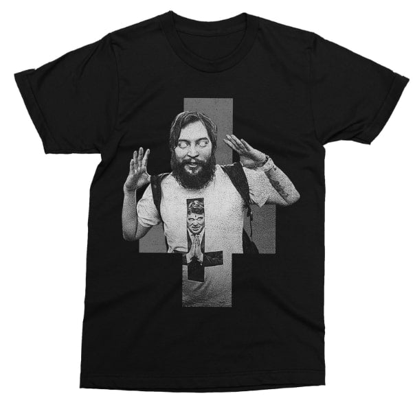 EVE 6 Hyper Crucifixation T-Shirt in black ringspun cotton, showcases a grayscale image of a bearded man with raised hands and a bold cross in the background.