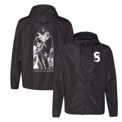 Image of the front and back of a black windbreaker against a white background. The left chest has a letter S in white that looks like a paintbrush painted it. The back has an image of a statue with wings, in the clouds. Above its head is an S logo in white. Below the statue in white outlined text reads "the collapse".