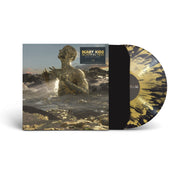 Vinyl sleeve with black with gold splatter vinyl sticking halfway out of the sleeve. The vinyl sleeve has an image of a gold person standing in what looks like a sea of the ocean and clouds, with an opening in their chest with light coming out of it. The hype sticker says scary kids scaring kids, out of light.