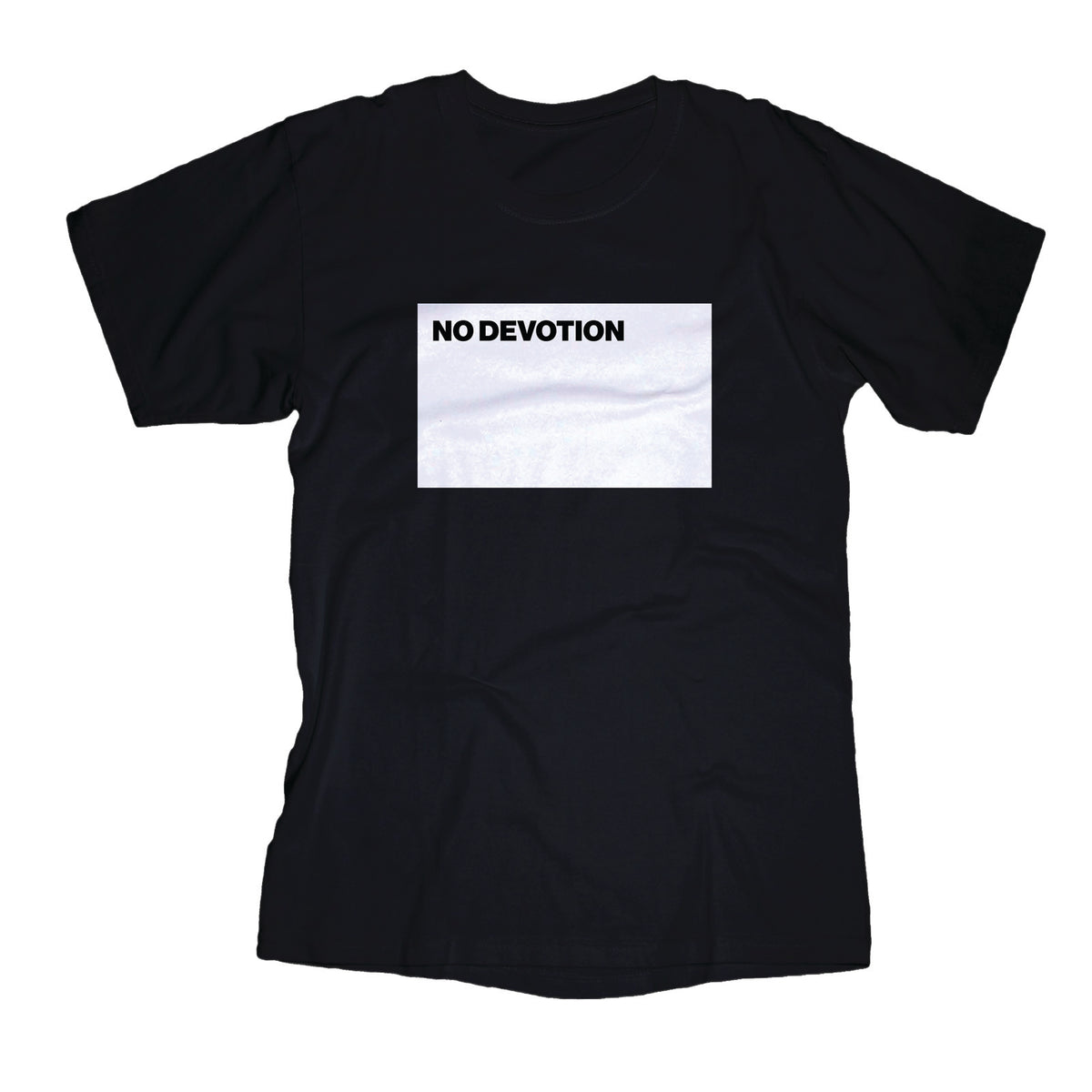 A black No Devotion T-shirt by Bella Canvas with a bold white rectangle on the chest featuring NO DEVOTION in striking black letters.