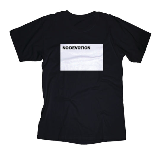 A black No Devotion T-shirt by Bella Canvas with a bold white rectangle on the chest featuring NO DEVOTION in striking black letters.