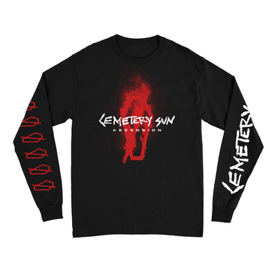 Black longsleeve shirt. across the center in white text says cemetery sun. below that it says ascension. there is an orange coffin on fire behind the white text. the left sleeve says cemetery sun in white text. the right sleeve has graphics of coffins descending down the sleeve in red.