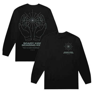 Image of the front and back of a black longsleeve against a white background. The left chest features an abstract circle with lines through it.  Below this is the text scary kids scaring kids, followed by three small circles with no fill. This is all in a light blue/grey. The back features a graphic of two hands with a circle symbol with lines going through it. Below this reads "scary kids scaring kids". There are lyrics below this and three small outlines of circles. 