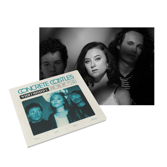 White square CD with blue text that says CONCRETE CASTLES across the top. Below that there is a black box that says WISH I MISSED U. Below that is a blue tinted image of the band. CD comes with a poster of the band.