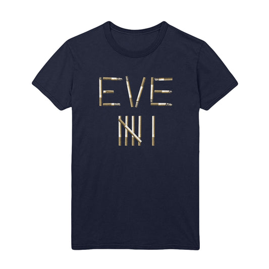 Image of a black tshirt with the word EVE and tally marks to make the number 6. EVE 6 is written out in cigarettes.