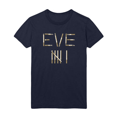 Image of a black tshirt with the word EVE and tally marks to make the number 6. EVE 6 is written out in cigarettes.