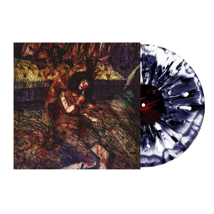 Image of the if i die first- they drew blood vinyl sleeve with a black and white marble mixed vinyl against a white background. the vinyl sleeve features the a drawing of a woman lying on the floor with blood on herself. 