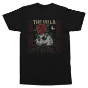 image of the back of a black shirt. print is a half skull with a rose growing out of one eye. "The Villa" and "Savior Self" text around the skull image in a square. 
