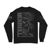 Back of a black longsleeve against white background. The left sleeve has the letter T in grey descending down it multiple times. the right sleeve has lyrics going down it in grey. The back says TERROR sideways in grey. Next to it is a collage of images in black and grey that show a mixing board and other various things on tour.