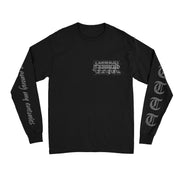 Image of a black longsleeve against white background. The left chest says Terror in grey text. The left sleeve has the letter T in grey descending down it multiple times. The right sleeve has grey lyrics descending down it.