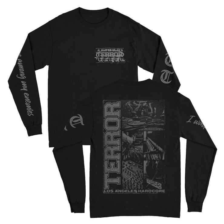 Front and back of a black longsleeve. The left chest says Terror in grey text.  The left sleeve has the letter T in grey descending down it multiple times. the right sleeve has lyrics going down it in grey. The back says TERROR sideways in grey. Next to it is a collage of images in black and grey that show a mixing board and other various things on tour.