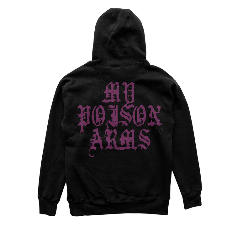  back of a black hoodie. the back of the hoodie in red text reads "my poison arms".