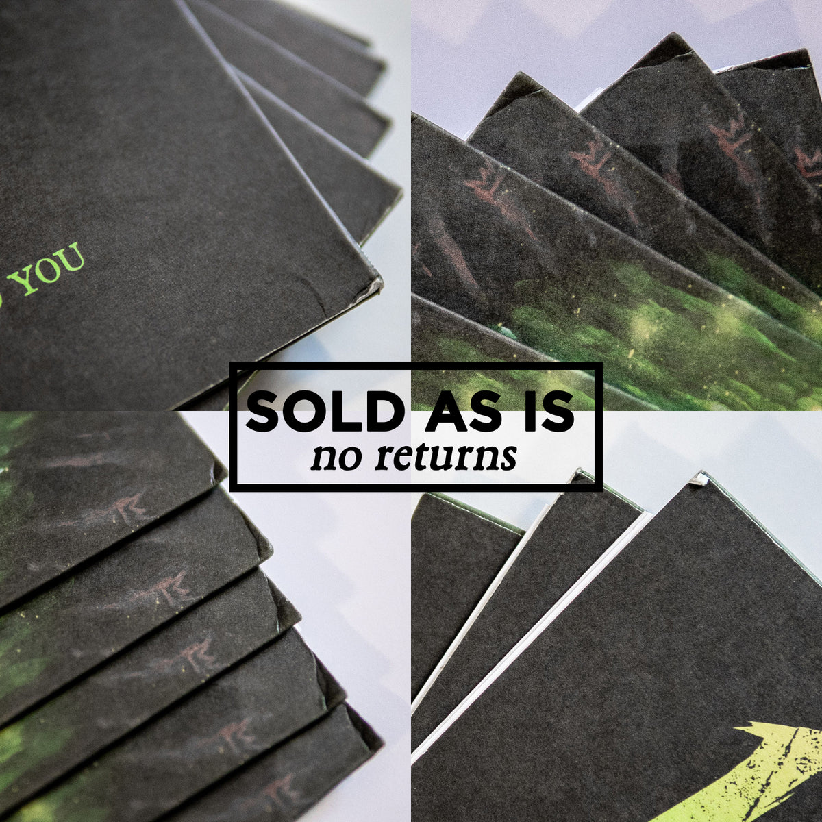 close up image of the corners on the wilson- full blast fucker vinyl album sleeves. there is a bit of sleeve damage/bends to the corners- across the front of these it says "sold as is, no returns" in black text inside of a black outlined rectangle.