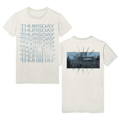 Front and back of a heather white tee against white background. The front says Thursday across the chest and repeats down the shirt, each time getting more blurred and hard to read. This is in blue. The back has a blue rectangle with an image of thursday playing to a large crowd outdoors. There is text arranged in the formation of a clock on top of this in small black text.